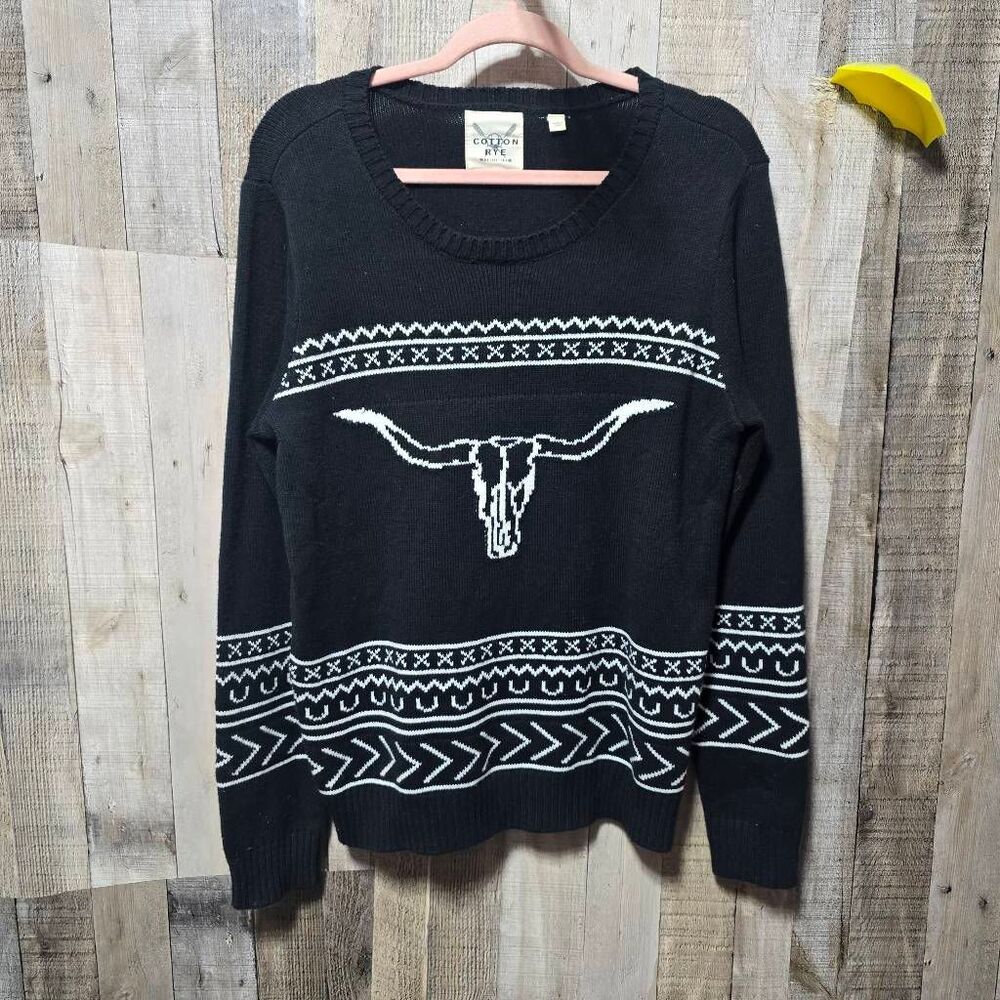 Cotton & Rye Steerhead Sweater Black White Medium Fall Western Cowgirl Rodeo